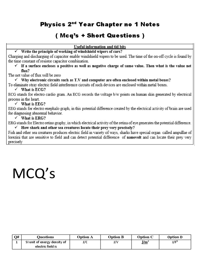 2nd Year Physics Chapter 1 Notes | PDF | Capacitor | Electric Field