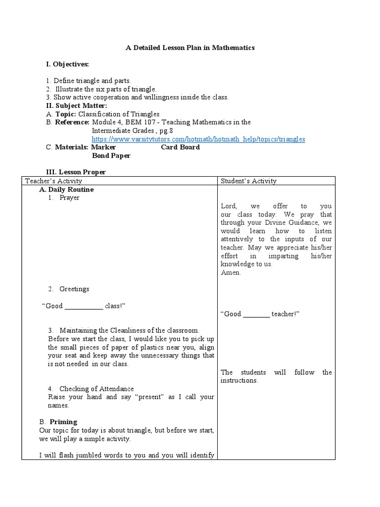 A Detailed Lesson Plan in Mathematics I. Objectives | PDF | Triangle ...