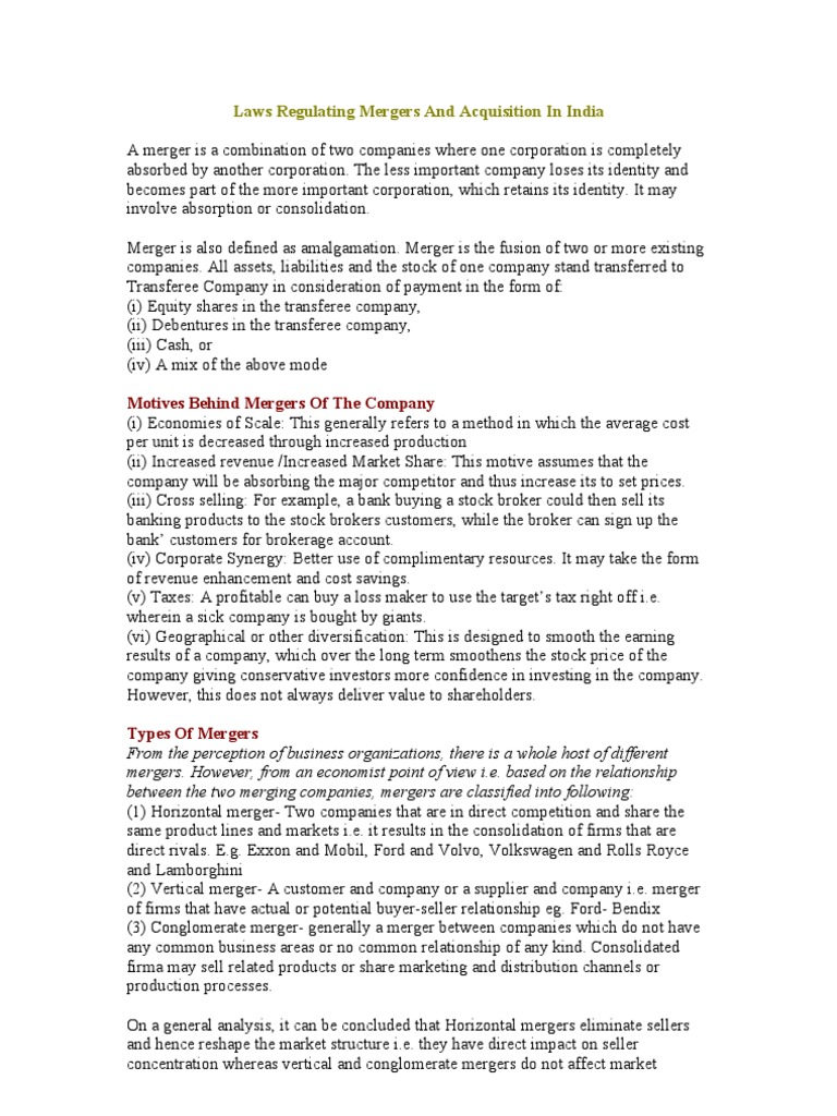 Mergers and Acquisitions Laws in India | PDF | Mergers And Acquisitions ...