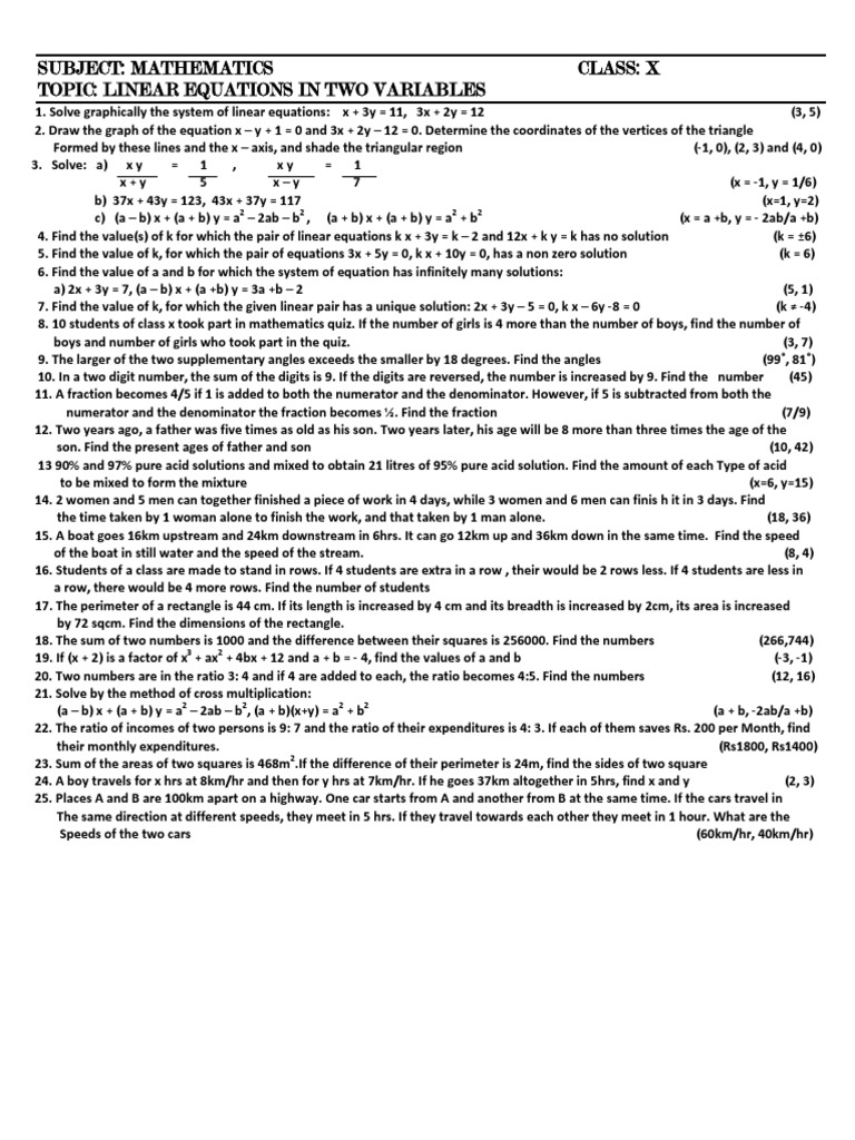 Linear Equations in 2 Variables Worksheet 3 | PDF | Equations ...
