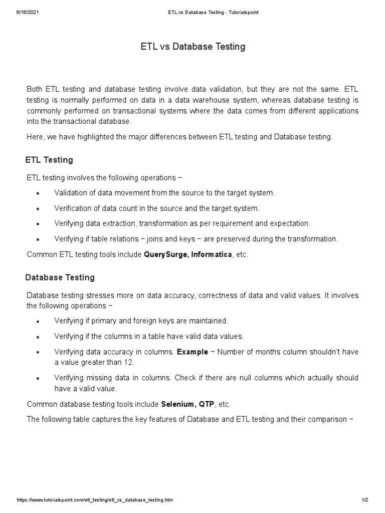 ETL Vs Database Testing - Tutorialspoint3 | PDF | Databases ...