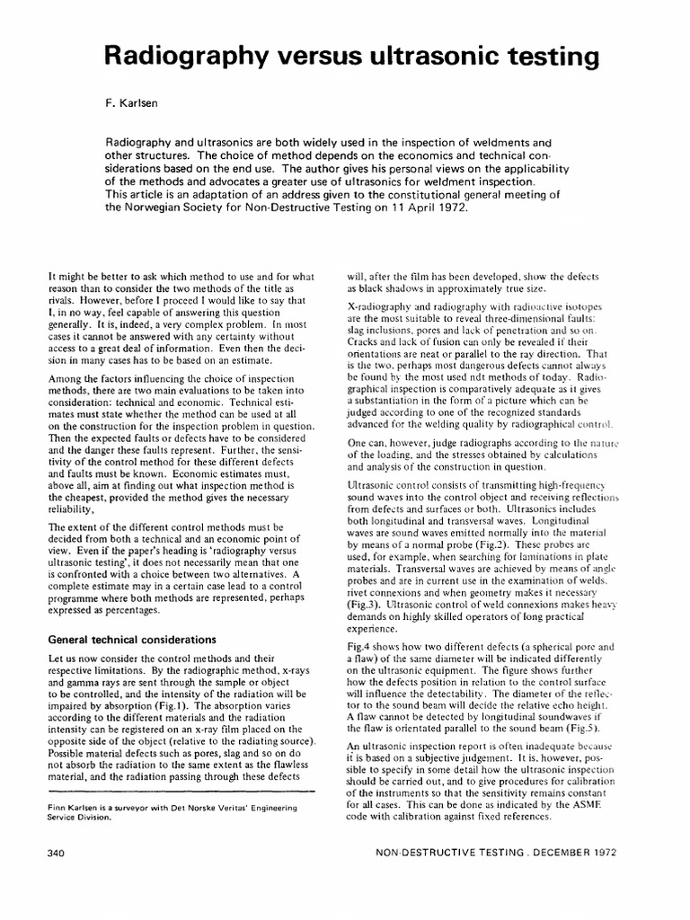 Radiography Versus Ultrasonic Testing PDF Nondestructive Testing Radiography