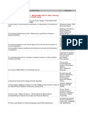The Following Papers Belong To: WSEAS NNA-FSFS-EC 2001, February 11-15,  2001, Puerto de La Cruz, Tenerife, Spain | PDF | Artificial Neural Network  | Fuzzy Logic