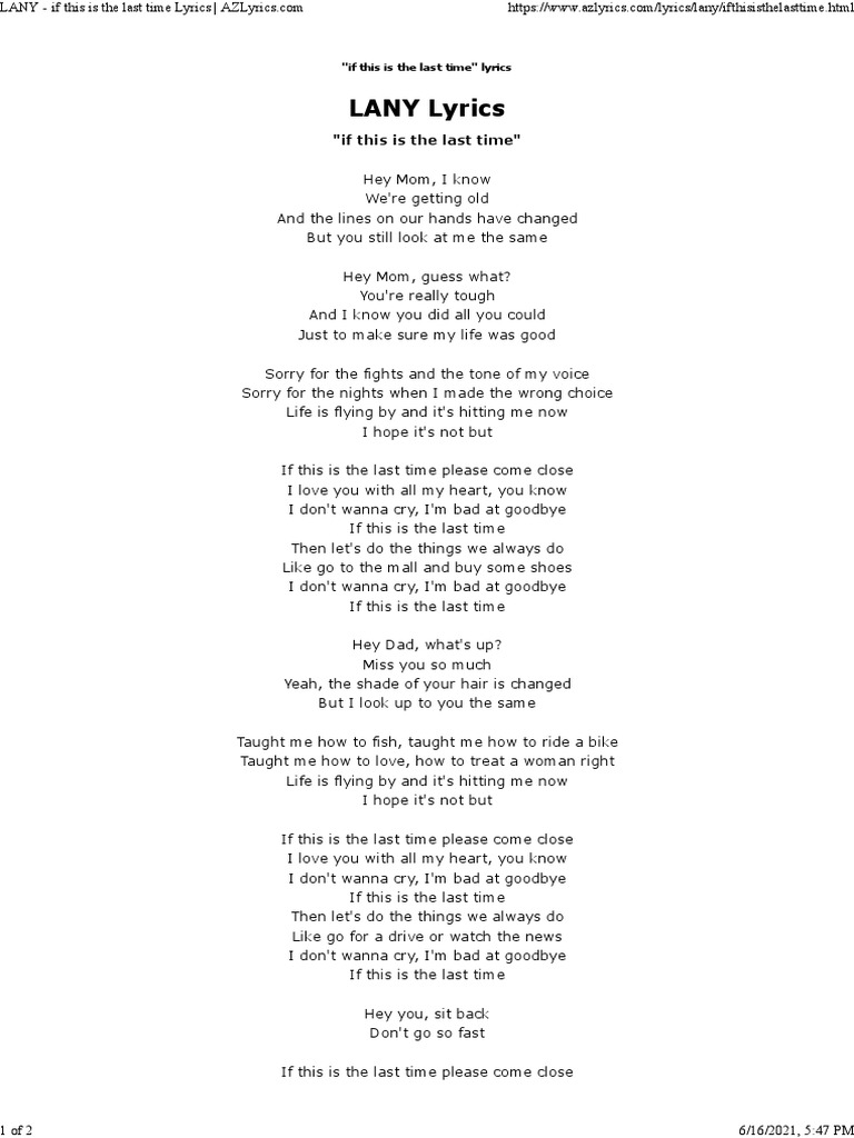 LANY Lyrics "If This Is The Last Time" Lyrics PDF