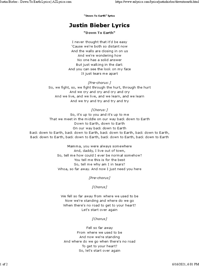 Justin Bieber Lyrics: Down To Earth Lyrics, PDF