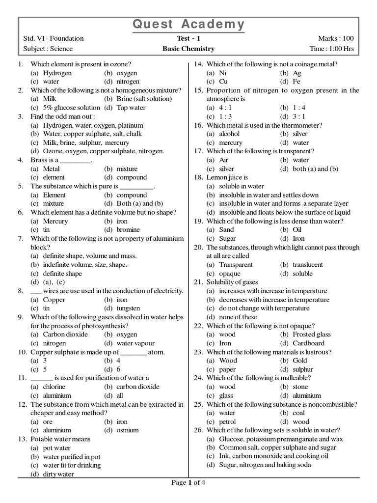 Std VI Science Test on Basic Chemistry | PDF | Liquids | Solubility