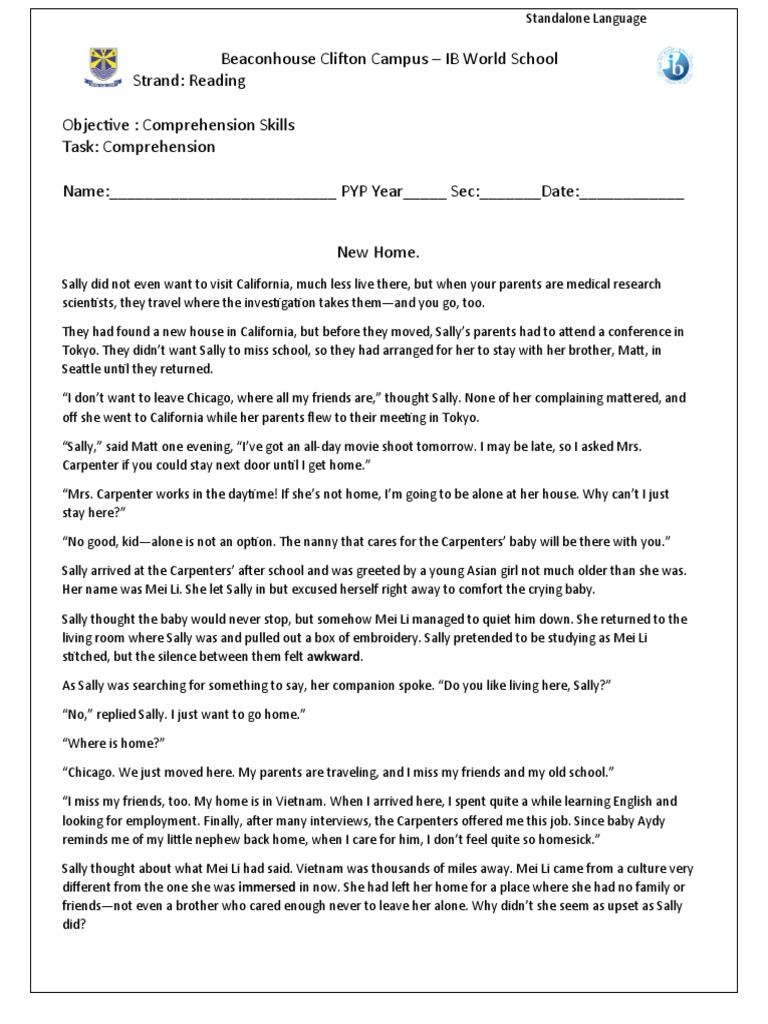 Beaconhouse Clifton Campus IB World School Strand Reading Objective