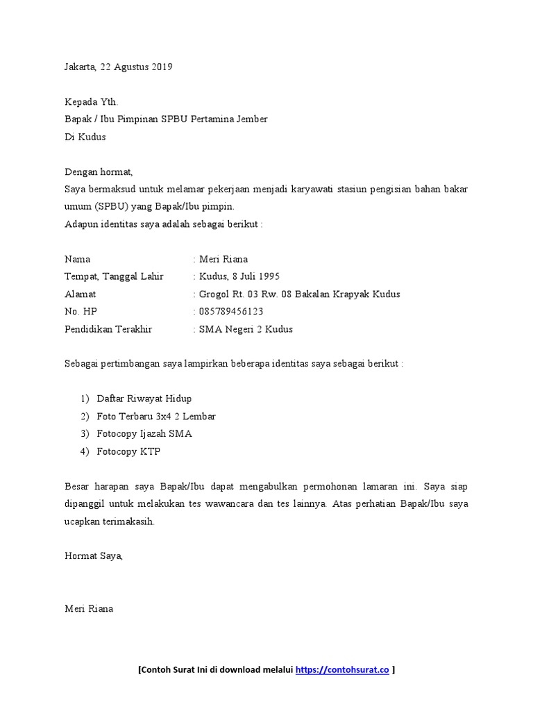 Download 62+ Contoh Surat Surat Lamaran Kerja Spbu Gratis Terbaru