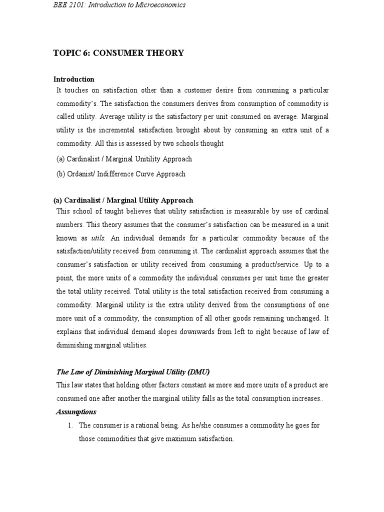 Topic 6 Consumer Theory The Law Of Diminishing Marginal Utility Dmu