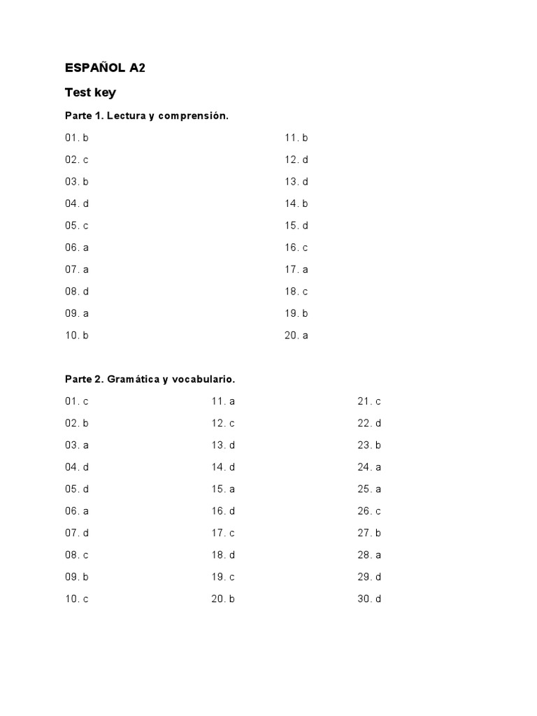 Answer Key Test A2 | PDF