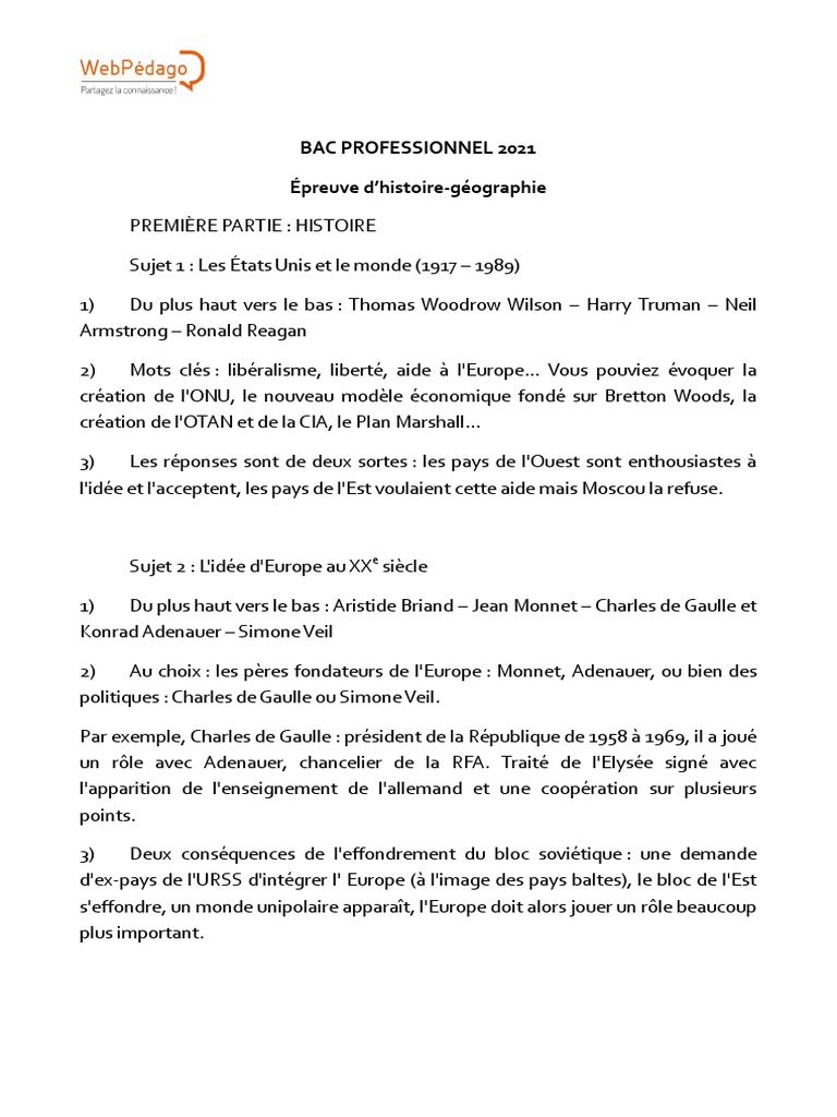 Sujet Brevet Histoire Géographie 2021 Bac Pro 2021 Histoire Geo EMC Corrigé | PDF | Bloc de l'Est | Recyclage