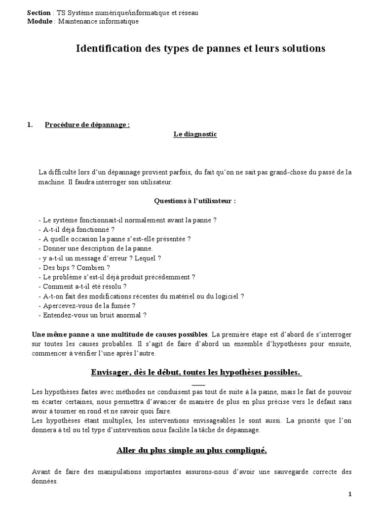 Identification Des Types de Pannes Et Leurs Solutions, PDF