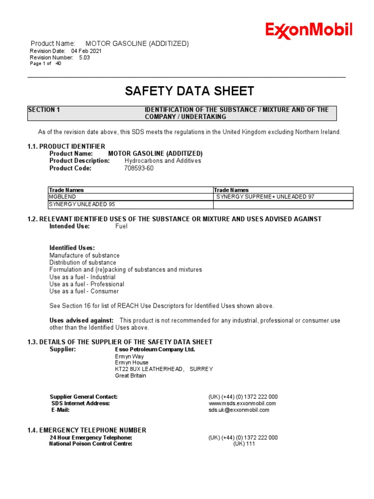 Gasoline Safety Data Sheet (SDS) | PDF | Firefighting | Toxicity