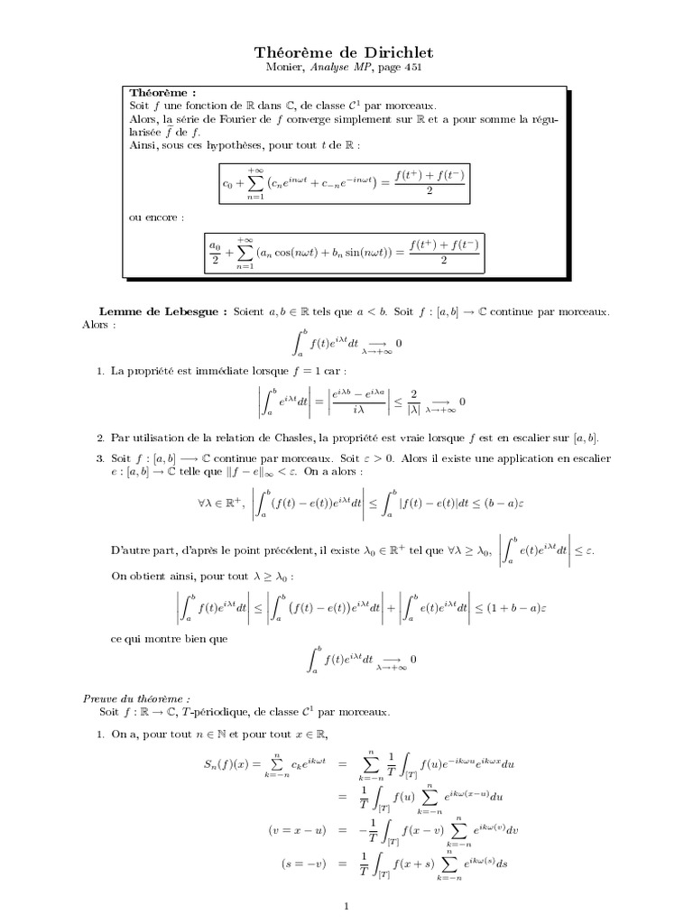Théorème de Dirichlet et séries de Fourier | PDF | Enseignement des ...