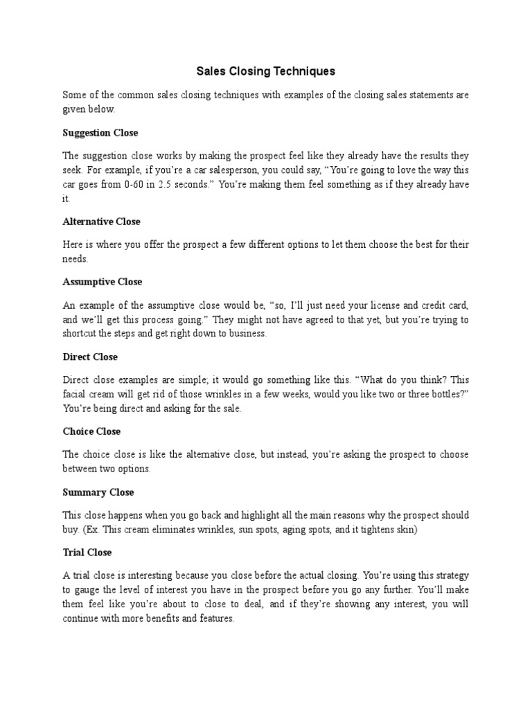 Sales Closing Techniques Pdf Business Science