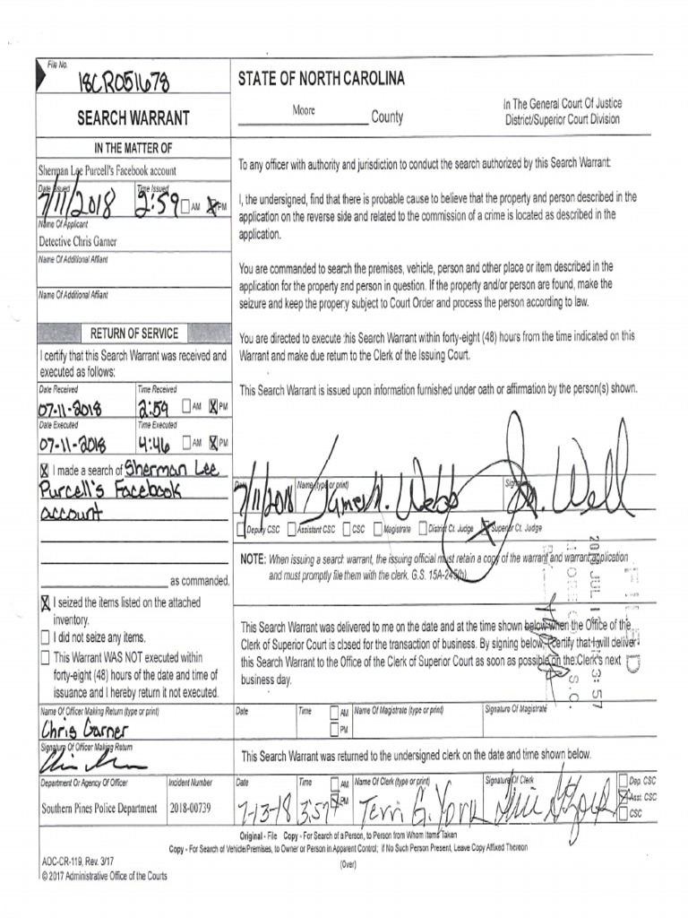 Facebook Search Warrant and Affidavit PDF