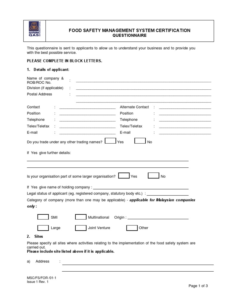 HACCP Questionnaire Hazard Analysis And Critical Control Points