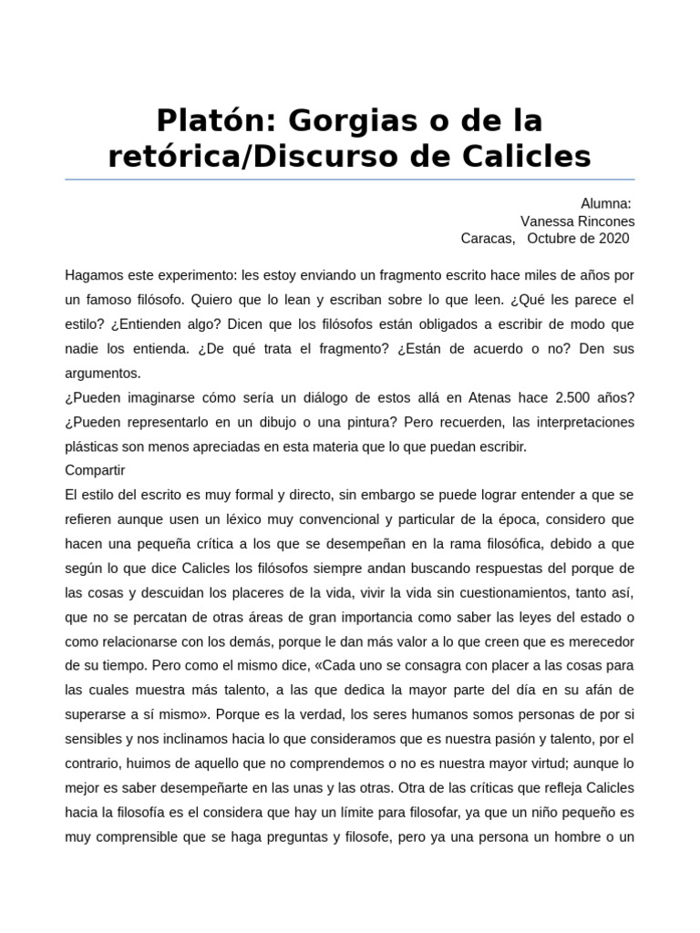 Platón Gorgias o de La Retórica Discurso de Calicles | PDF | Retórica ...