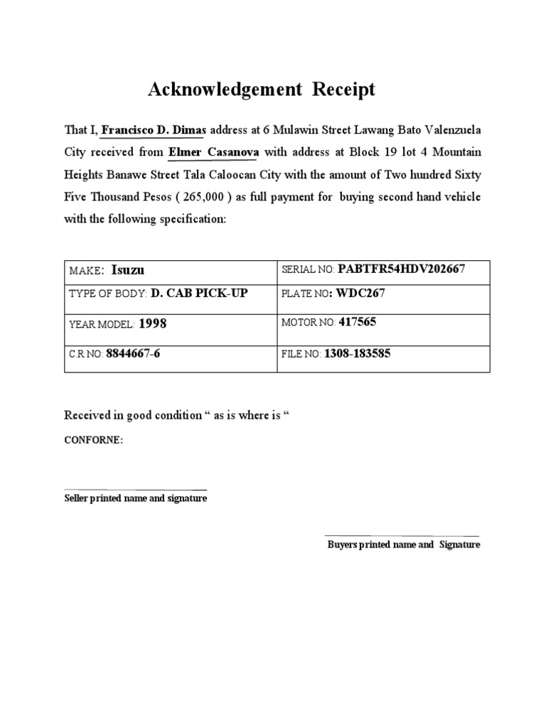 Vehicle Purchase Acknowledgement Receipt | PDF