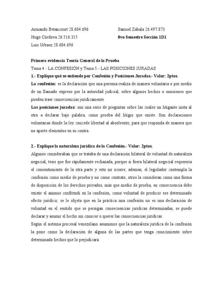 Confesion y Posicion Jurada (Teoria General de La Prueba) | PDF ...