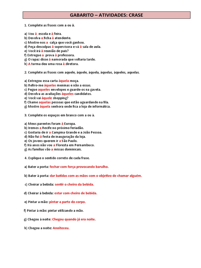 Gabarito - Atividades - Crase | PDF