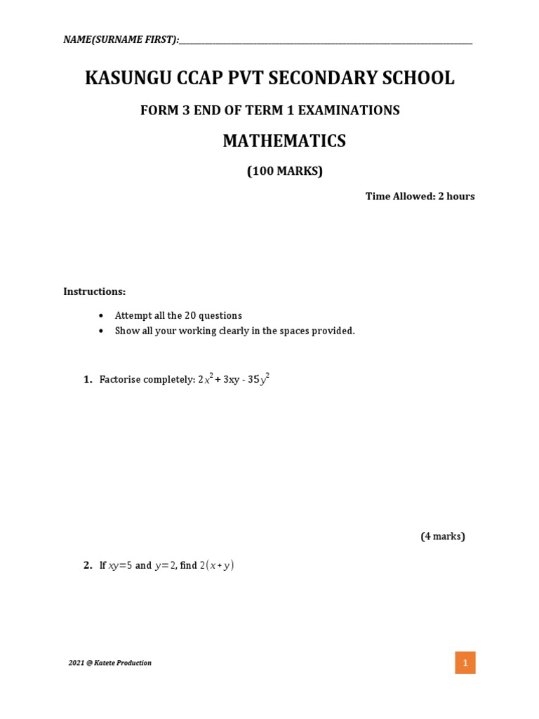 Form 3 Mathematics Term 1 Exam Paper | PDF | Circle | Elementary ...