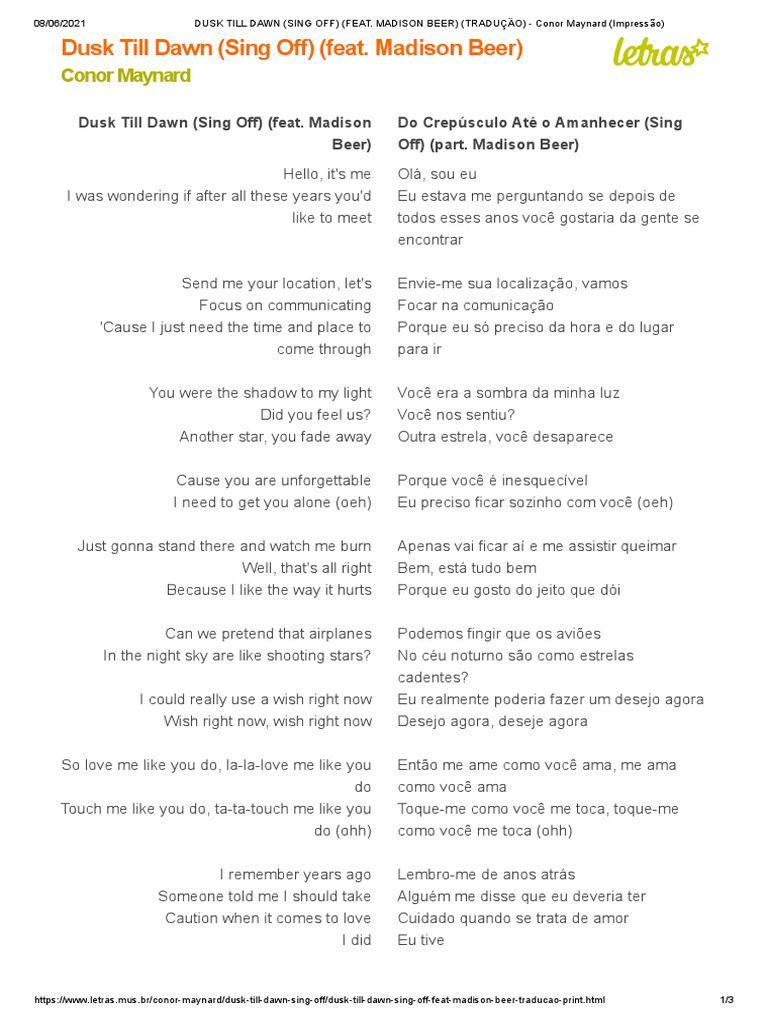 DUSK TILL DAWN (SING OFF) (FEAT. MADISON BEER) (TRADUÇÃO) - Conor Maynard  (Impressão), PDF