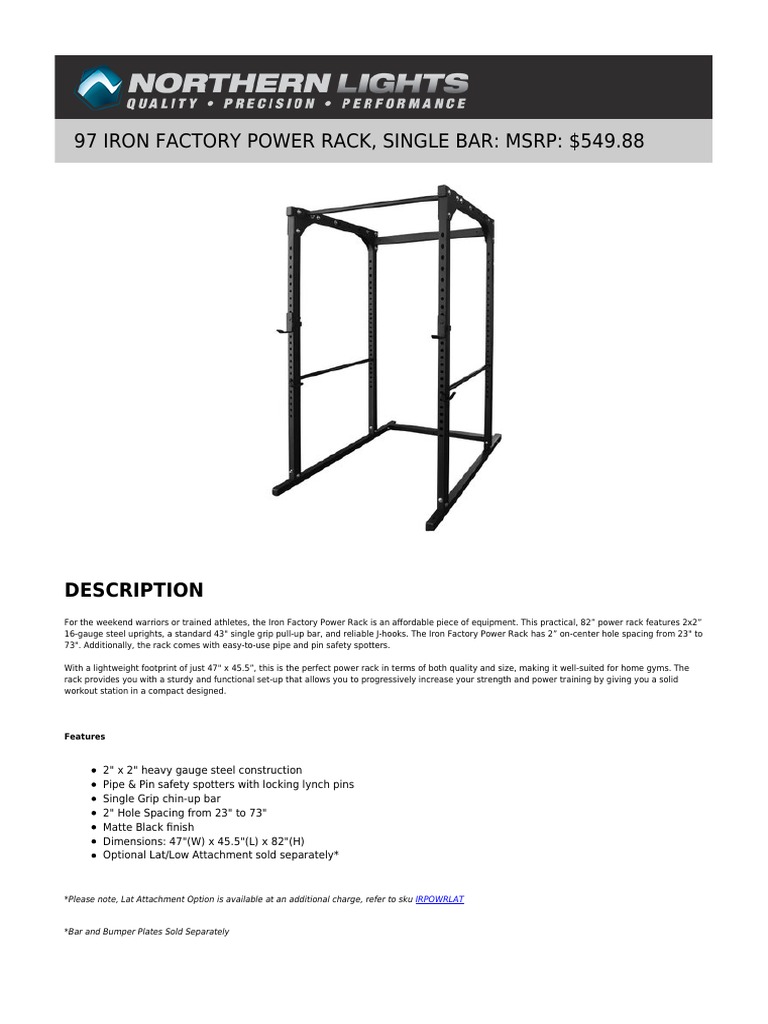 97 Iron Factory Power Rack, Single Bar: MSRP: $549.88: Description ...