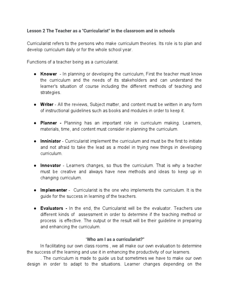 Lesson 2 The Teacher As A Curricularist In The Classroom And In Schools |  Pdf | Curriculum | Teaching Method