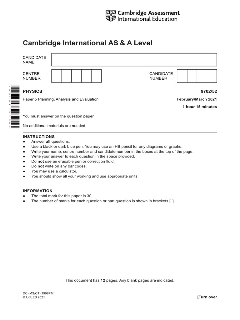 Cambridge International AS & A Level: PHYSICS 9702/52 | PDF | Physics ...