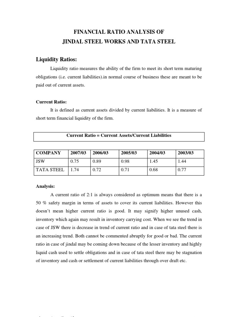 Financia Ratio Analysis of Jindal Steel With Tata Steel PDF Market
