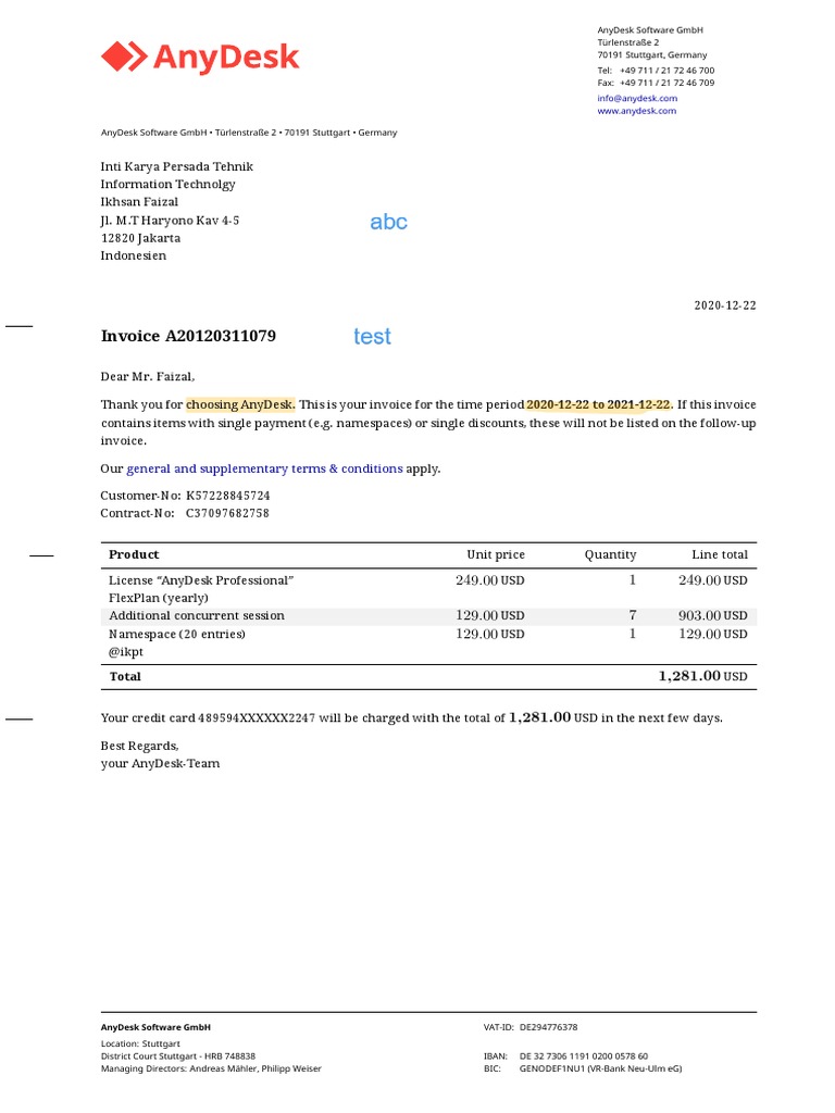 AnyDesk A20120311079 | PDF | Payments | Business