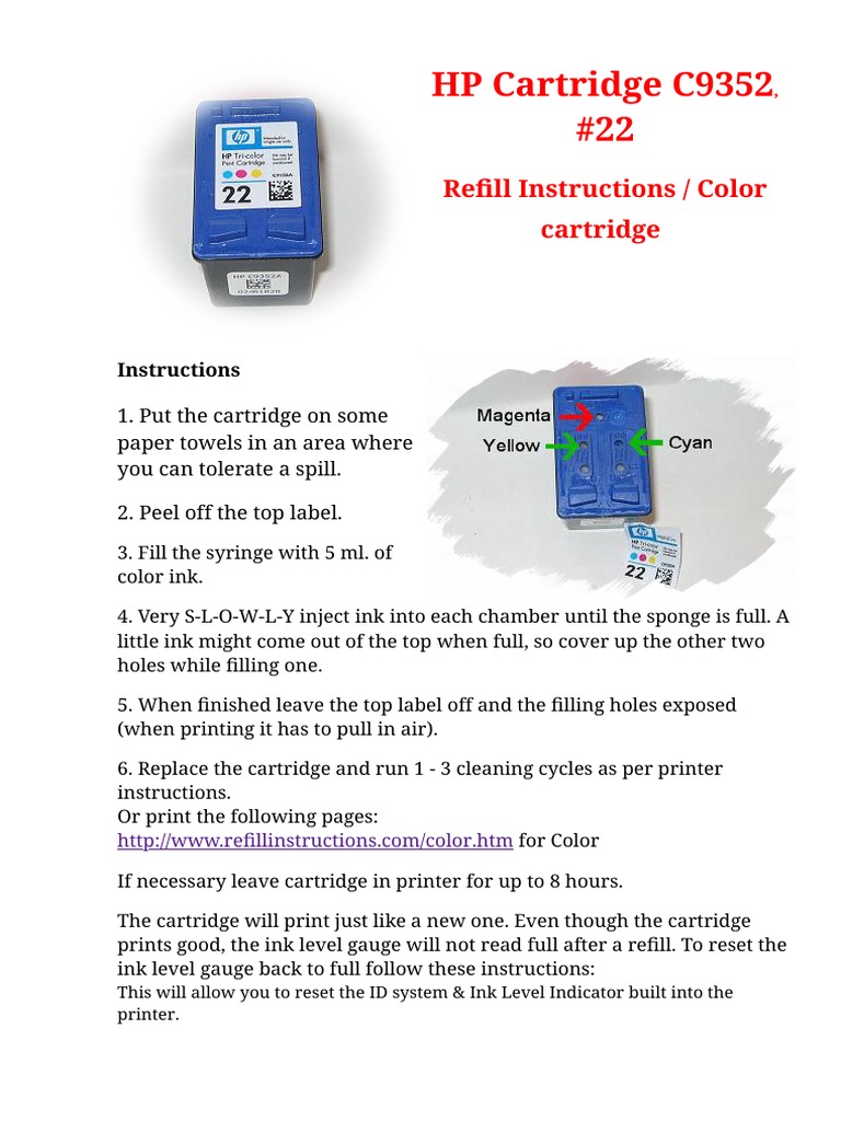 Stepbystep instructions for refilling an HP Cartridge C9352 color