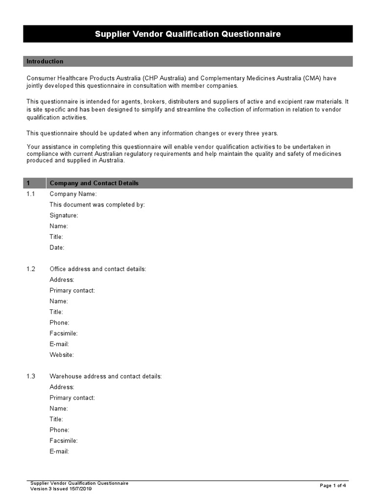 Supplier Vendor Qualification Questionnaire PDF