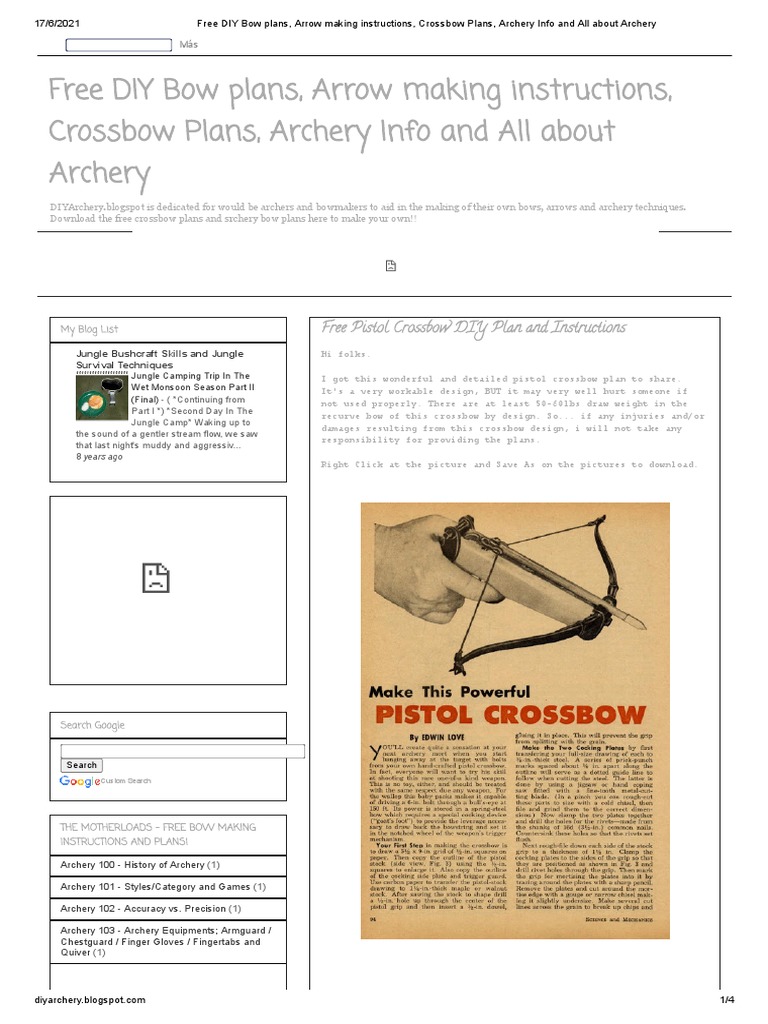 Free DIY Bow Plans, Arrow Making Instructions, Crossbow Plans, Archery