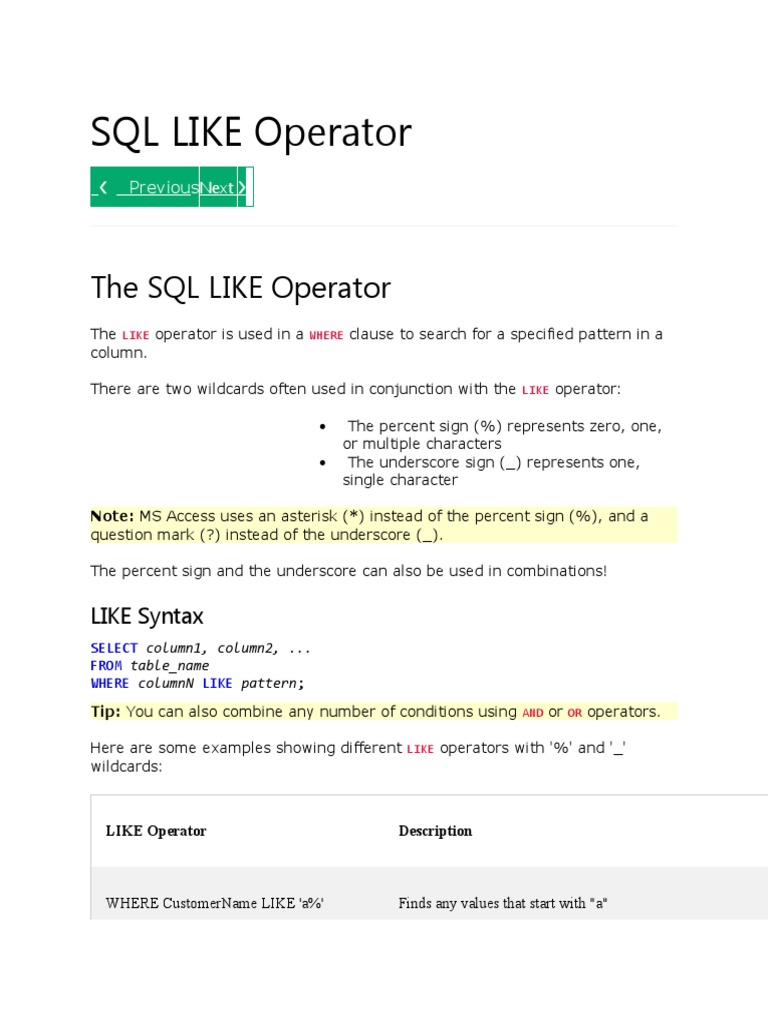 The SQL LIKE Operator | PDF | J Query | Bootstrap (Front End Framework)