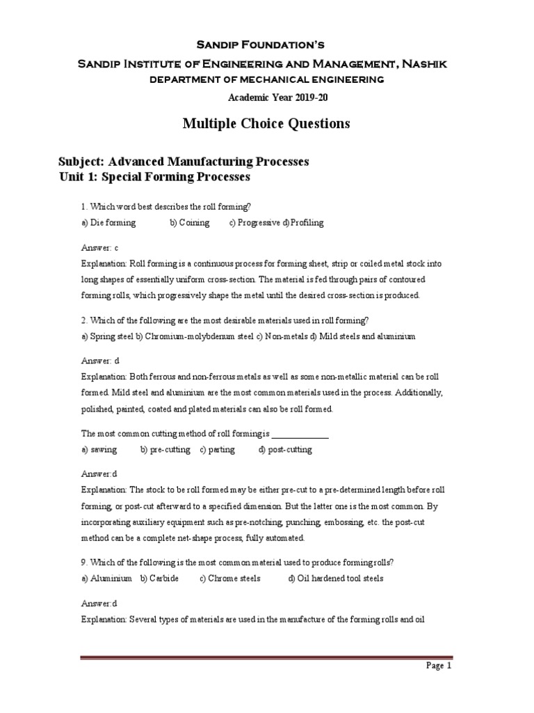 Multiple Choice Questions Subject Advanced Manufacturing Processes