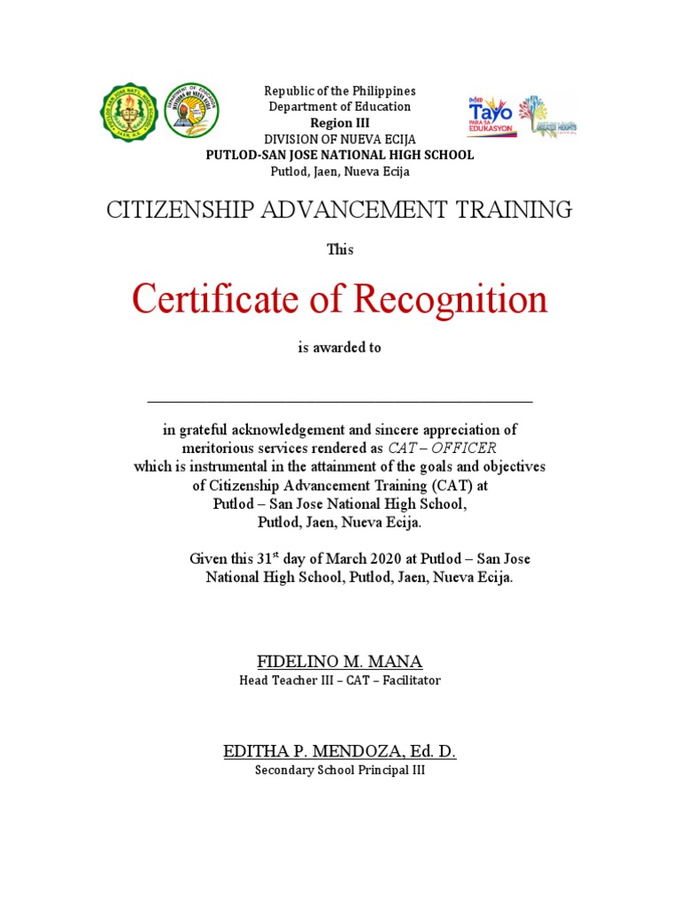 Certificate of Recognition: Citizenship Advancement Training | PDF