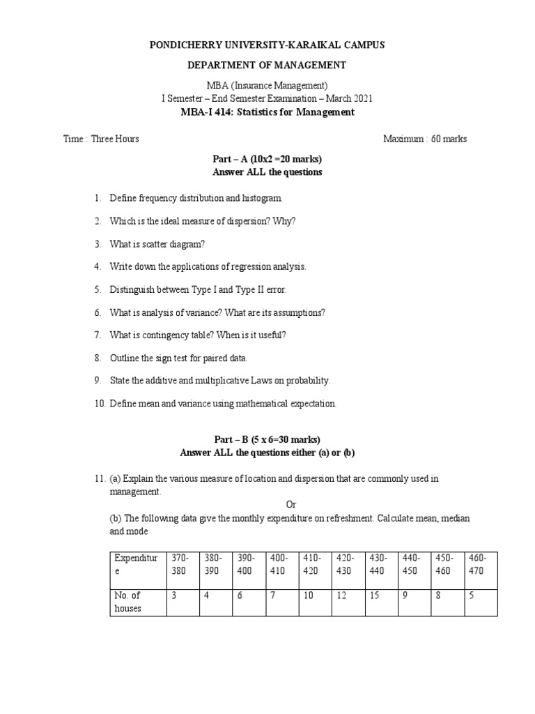MBA Statistics for Management Exam 2021 | PDF | Statistical Inference ...