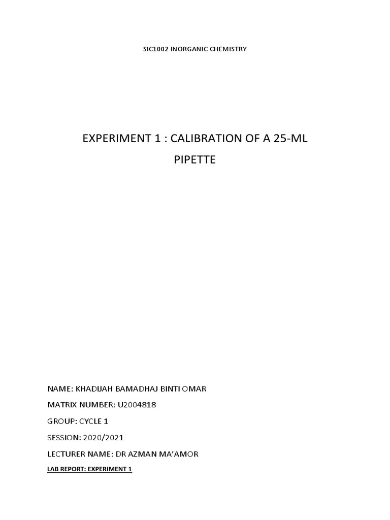 Experiment 1 Calibration of A 25Ml Pipette Sic1002