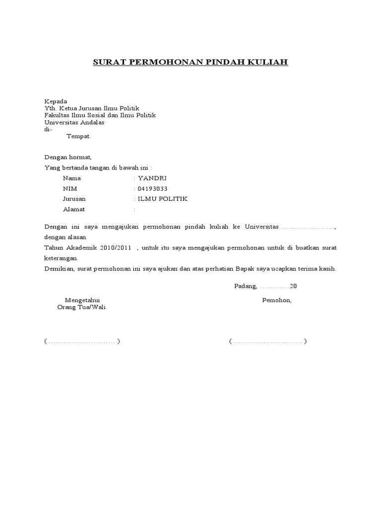 Surat Permohonan Dah Kuliah