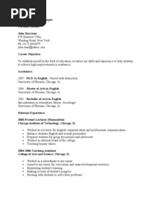 Lecturer Resume Example Curriculum Goal