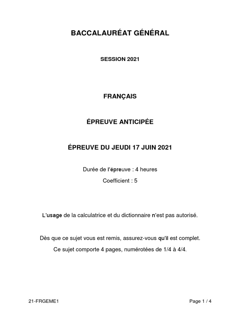 Sujet Bac Blanc Français 2023 Baccalauréat Général - Épreuve Anticipée de Français - 17 06 2021 | PDF |  Victor Hugo | Poésie