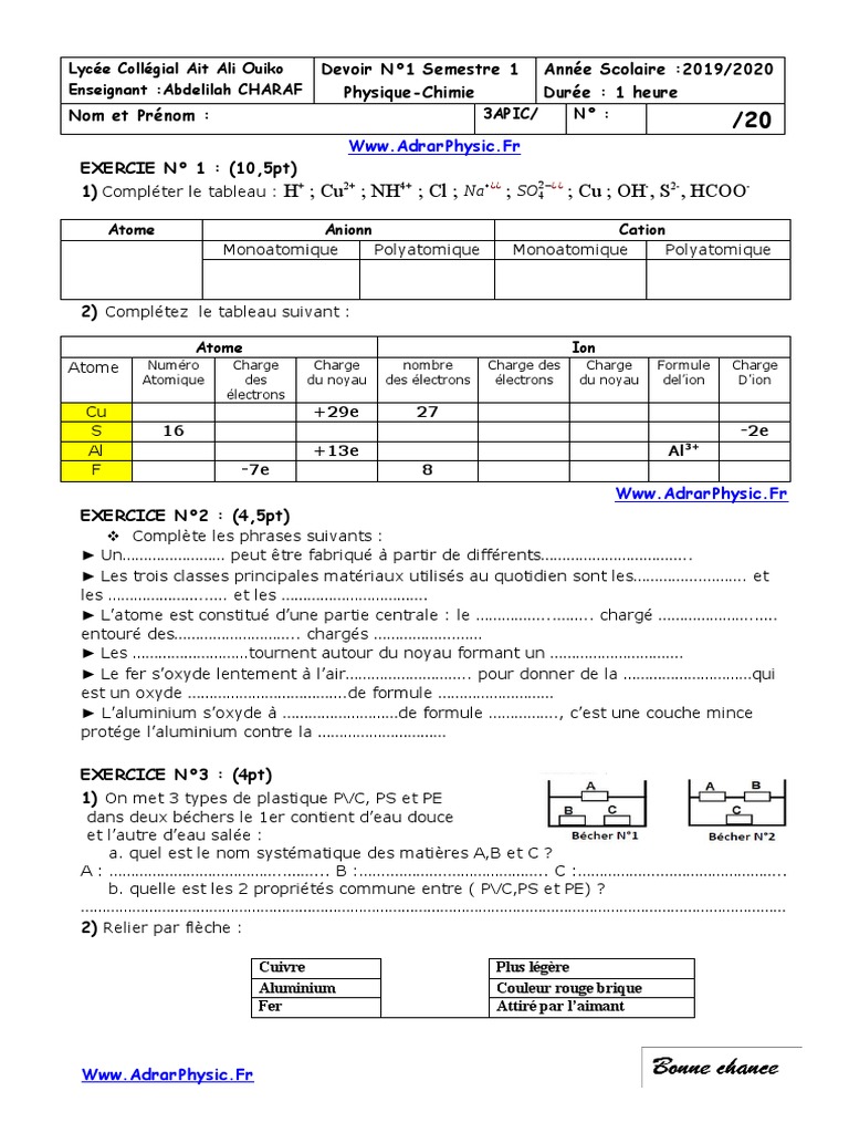 Devoir 1 Physique-Chimie 3AC Semestre 1 | PDF | Chimie physique ...