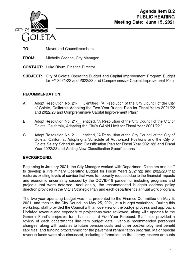 Goleta Operating Budget and Capital Improvement Program Budget For FY