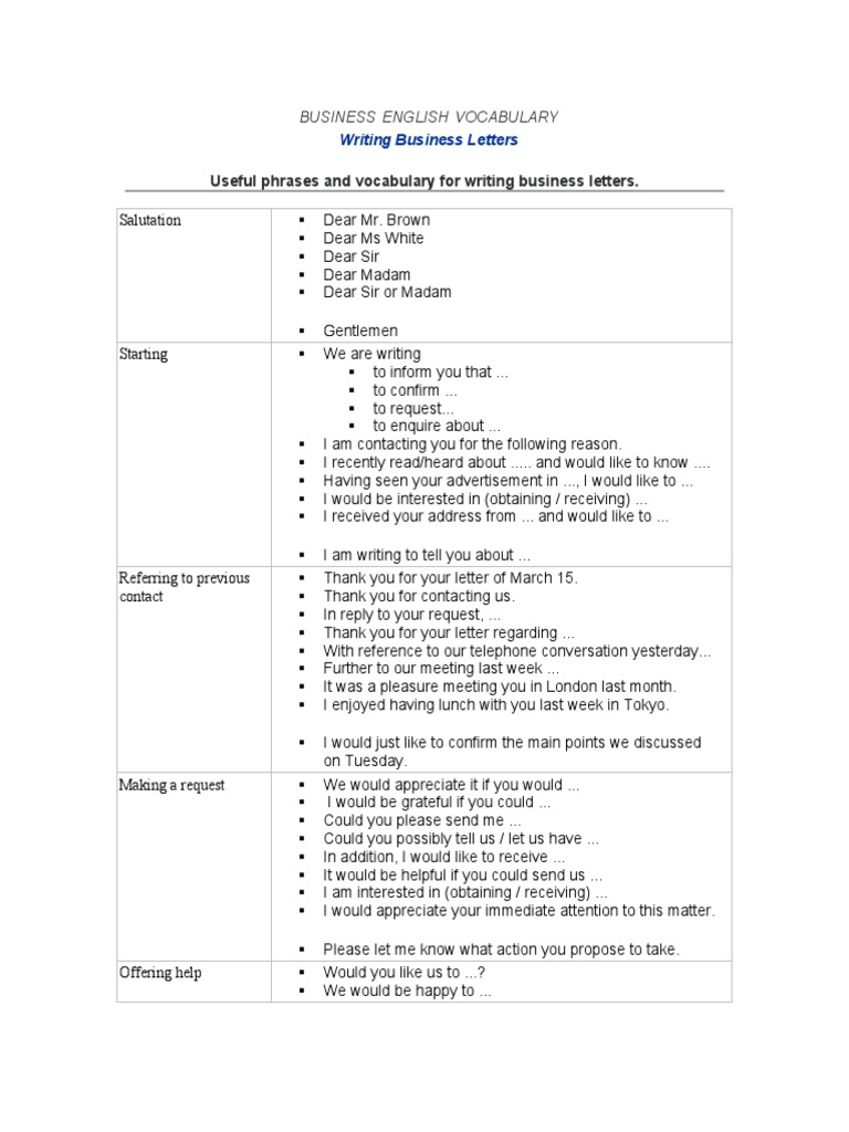 Business Letter Vocabulary PDF
