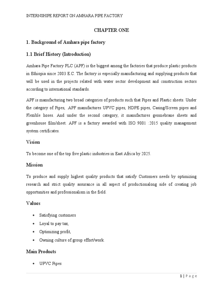 Chapter One 1. Background of Amhara Pipe Factory 1.1 Brief History (Introduction) PDF