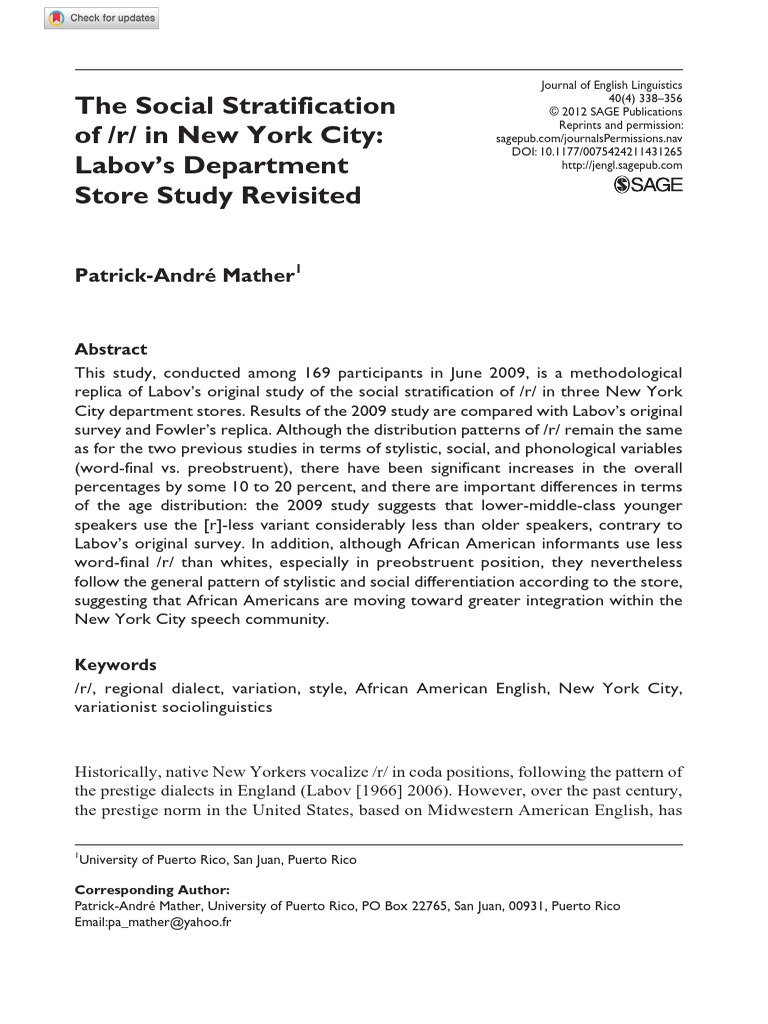 The Social Stratification of R | PDF | Sociolinguistics | English Language