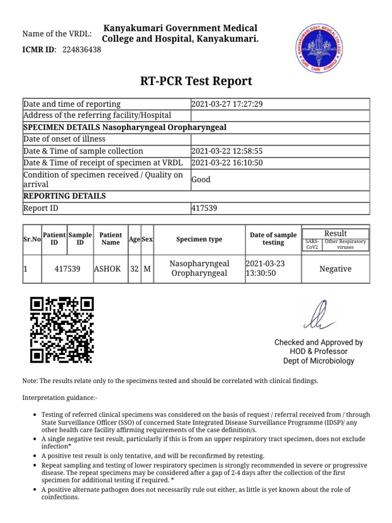 RT-PCR Test Report: Kanyakumari Government Medical College and Hospital ...