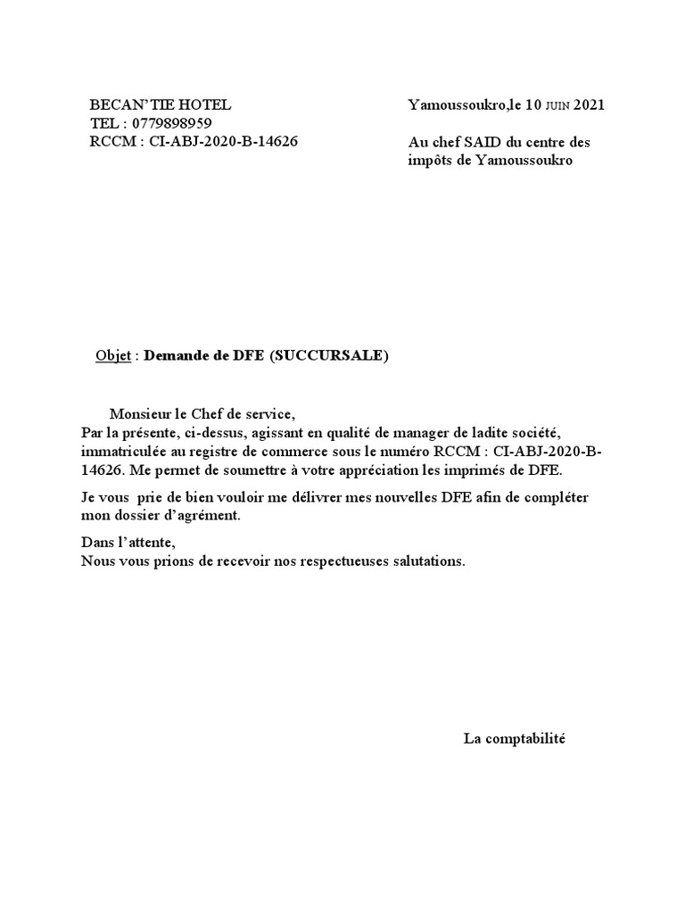Demande de DFE pour BECAN’TIE HOTEL | PDF